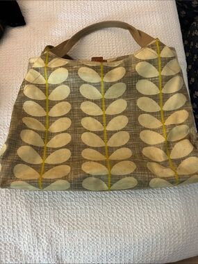 Orla Kiely plastic Tote Bag with Leaf Pattern - Yellow & Gray